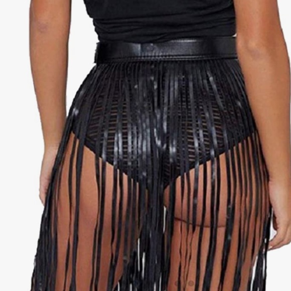 Fenyong Leather Fringe Skirt Tassel Hip Scarf Summer Beach Belts for Women Black main image 4